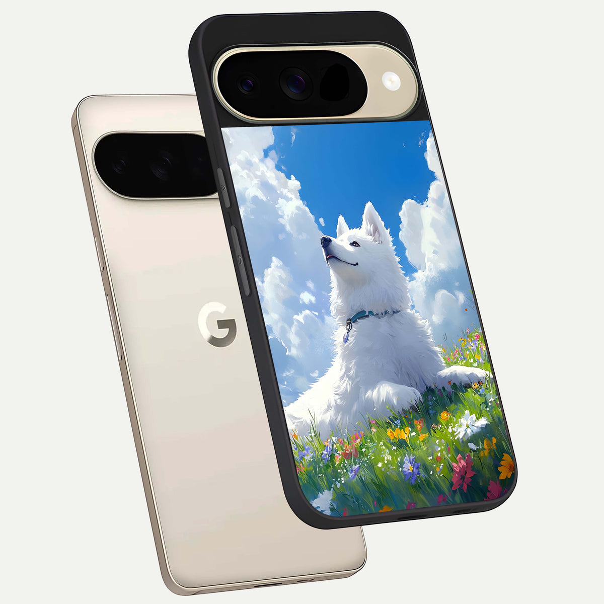  Blissful Cloud Pup phone case For Google Pixel 9 showing premium glass back cover with detailed artwork