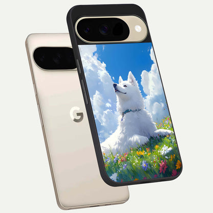  Blissful Cloud Pup phone case For Google Pixel 9 showing premium glass back cover with detailed artwork