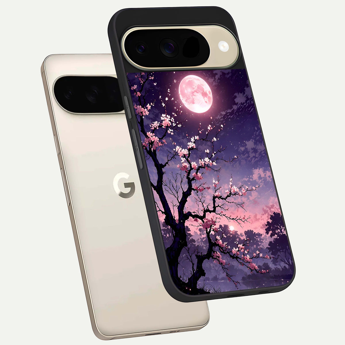  Blossom Pink Moon phone case For Google Pixel 9 showing premium glass back cover with detailed artwork