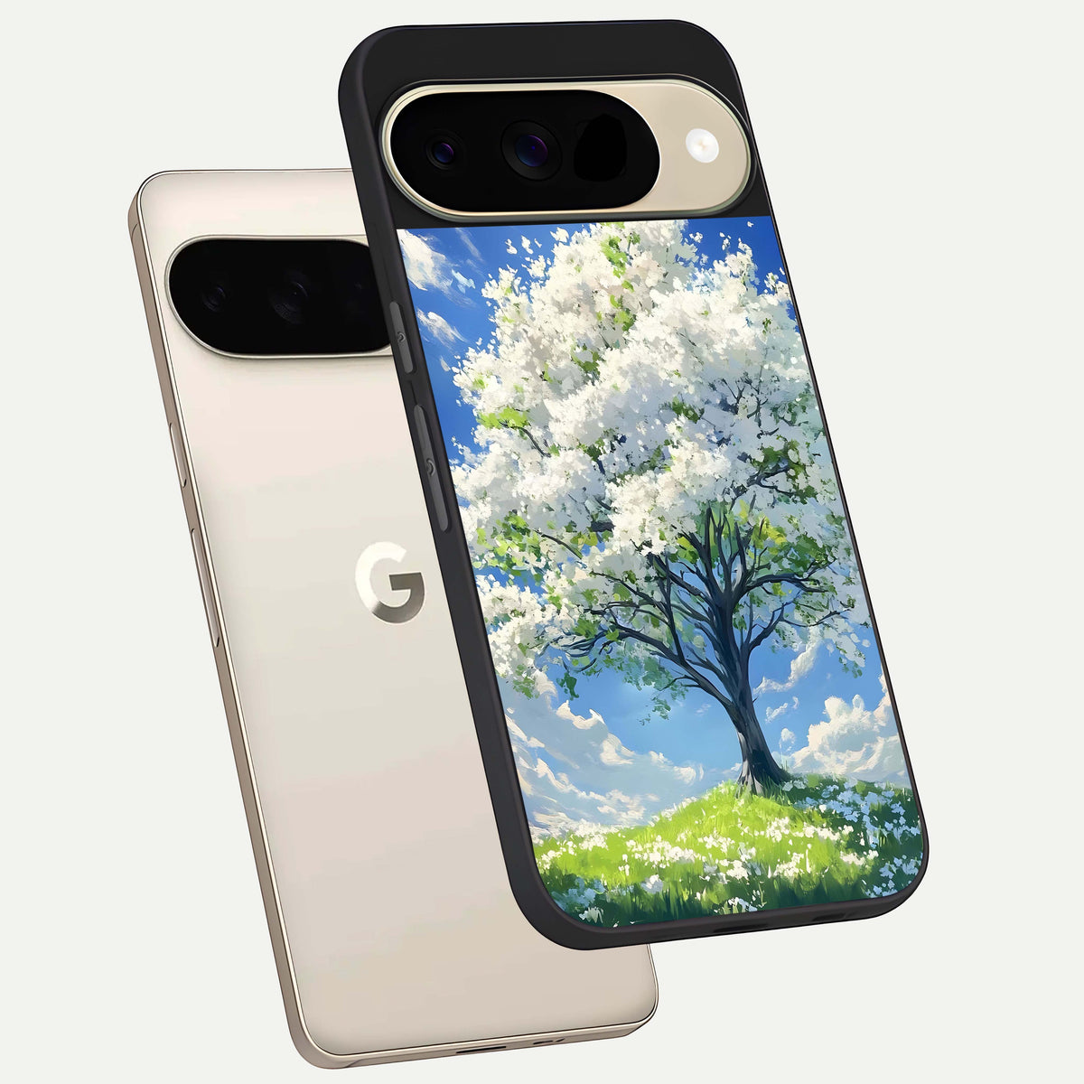  Blossom Sky Serenity phone case For Google Pixel 9 showing premium glass back cover with detailed artwork
