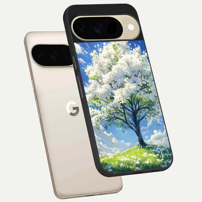 Blossom Sky Serenity phone case For Google Pixel 9 showing premium glass back cover with detailed artwork