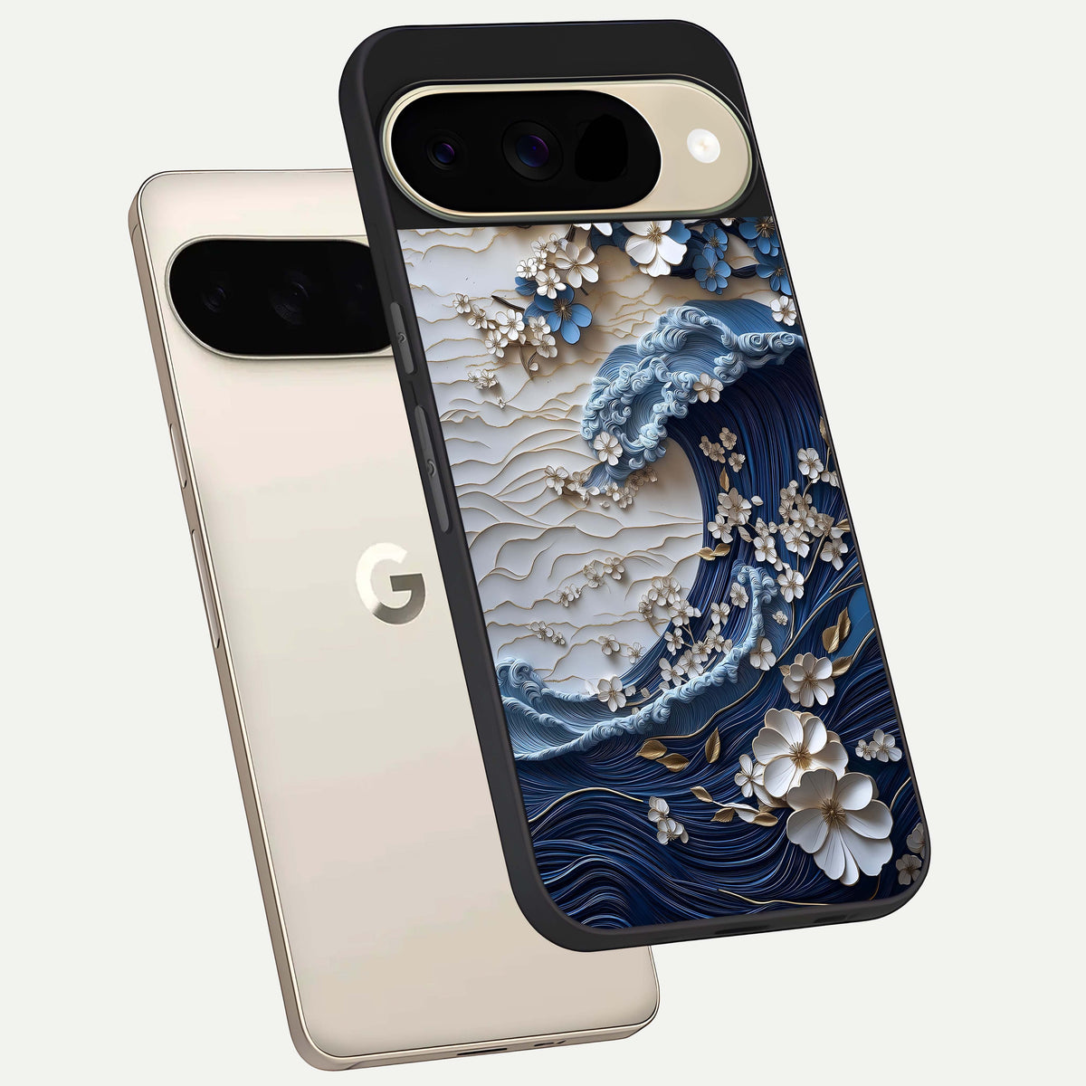  Blossom Wave Art phone case For Google Pixel 9 showing premium glass back cover with detailed artwork