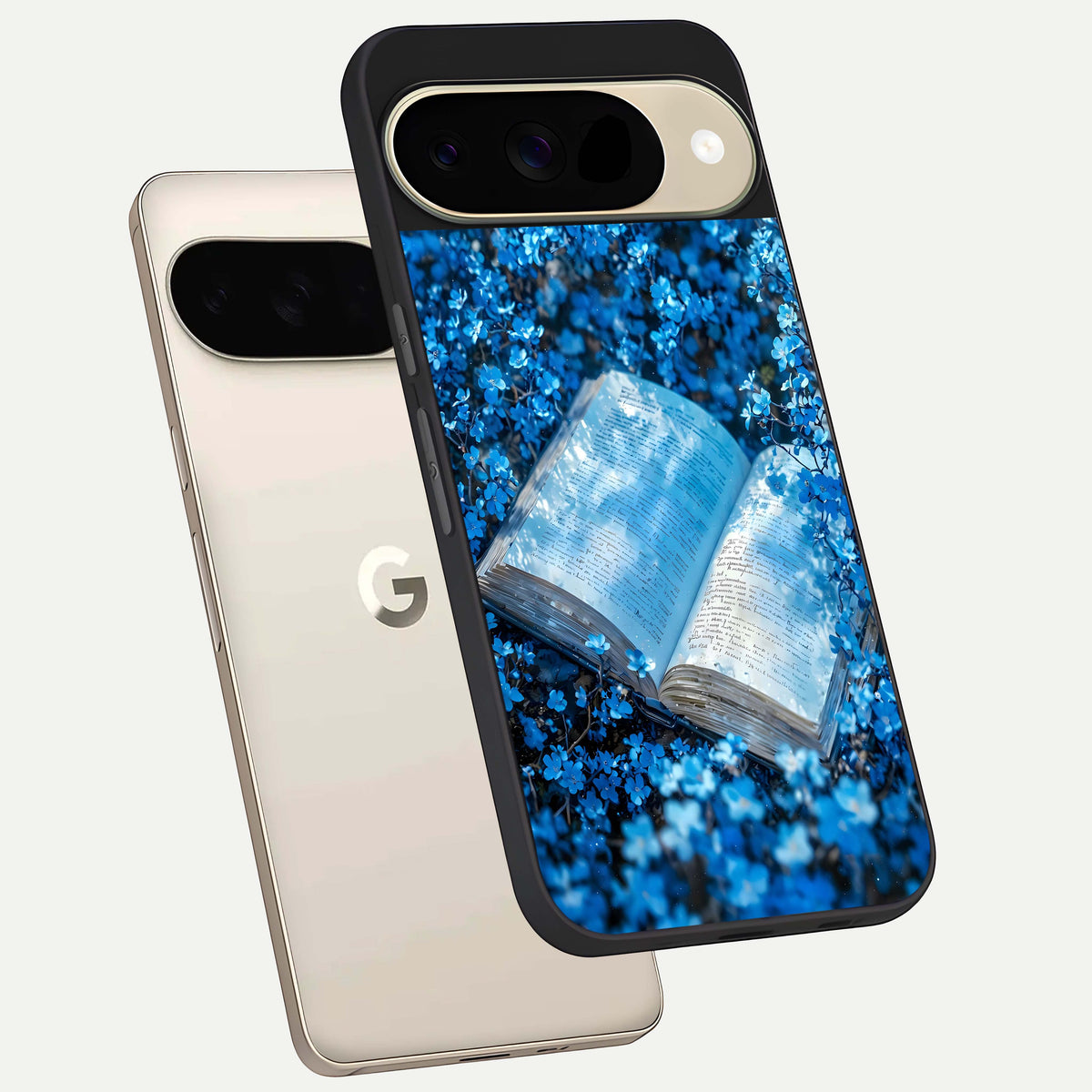  Blue Bloom Tales phone case For Google Pixel 9 showing premium glass back cover with detailed artwork