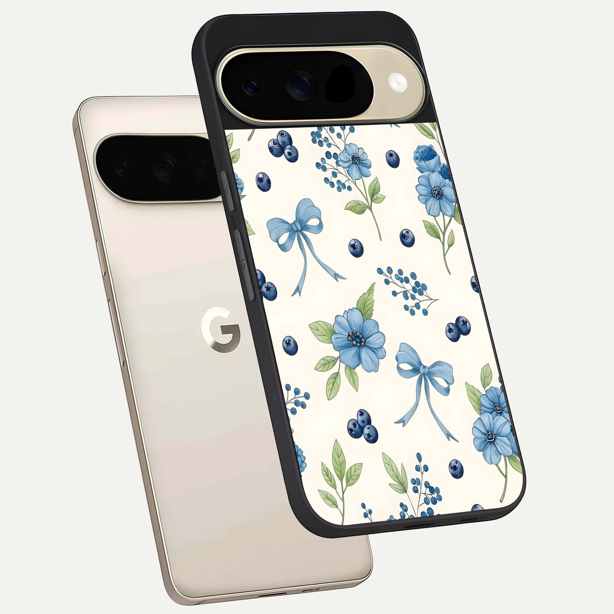  Blue Flower And Bow phone case For Google Pixel 9 showing premium glass back cover with detailed artwork