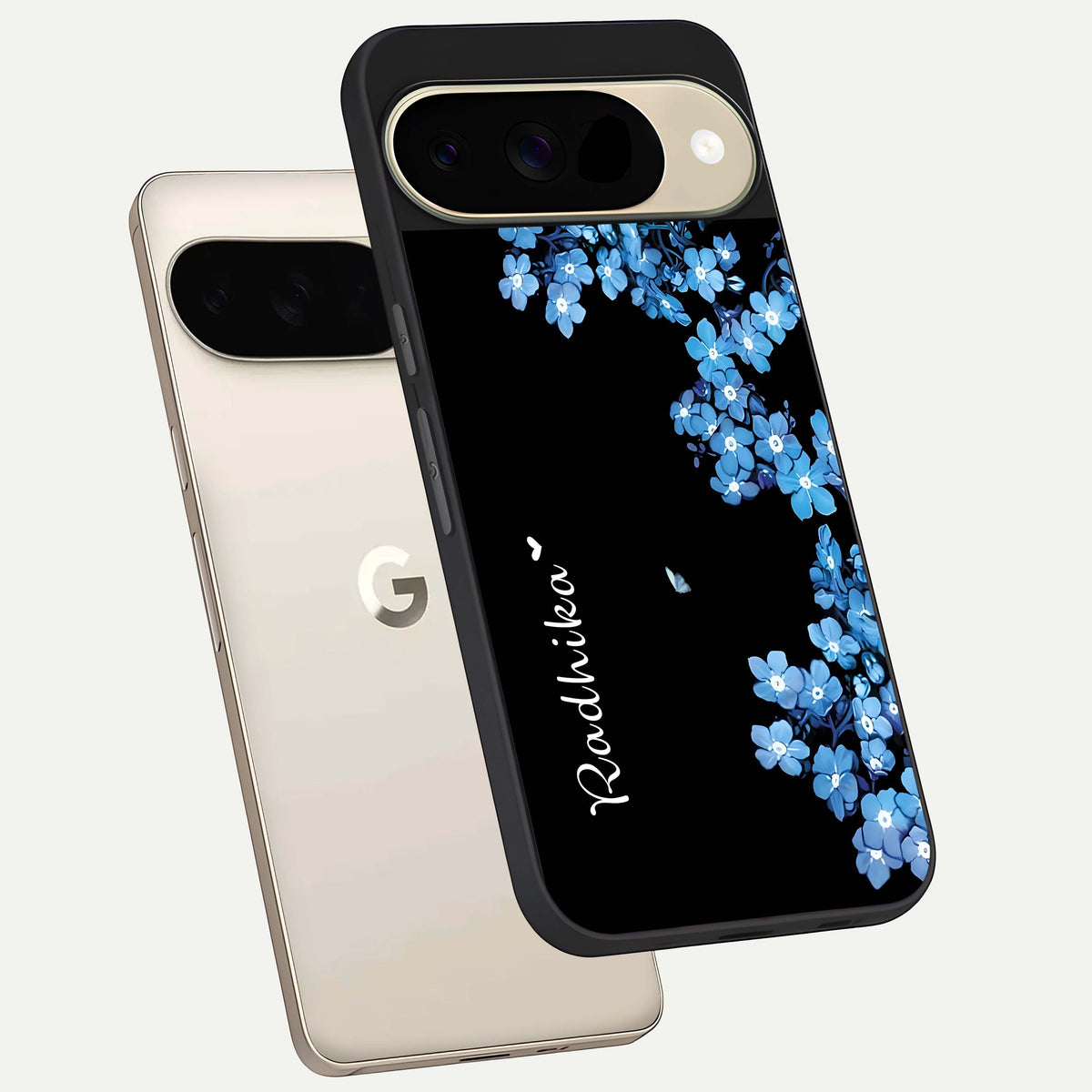  Blue Petal Dream Custom Name phone case For Google Pixel 9 showing premium glass back cover with detailed artwork