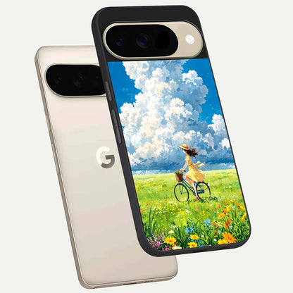  Breezy Meadow Ride phone case For Google Pixel 9 showing premium glass back cover with detailed artwork