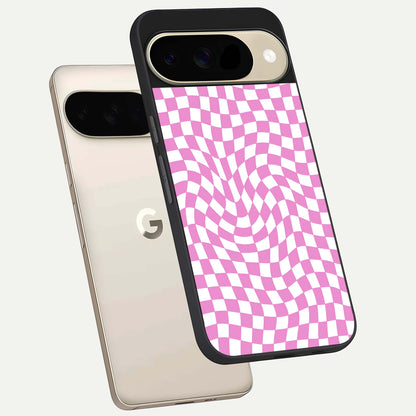  Bubblegum Check Wave phone case For Google Pixel 9 showing premium glass back cover with detailed artwork