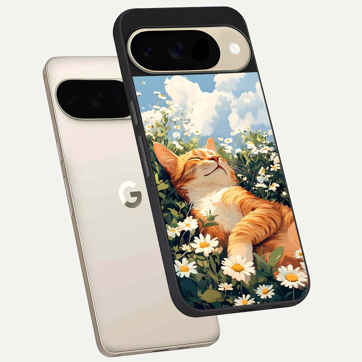  Cat And Flowers View phone case For Google Pixel 9 showing premium glass back cover with detailed artwork
