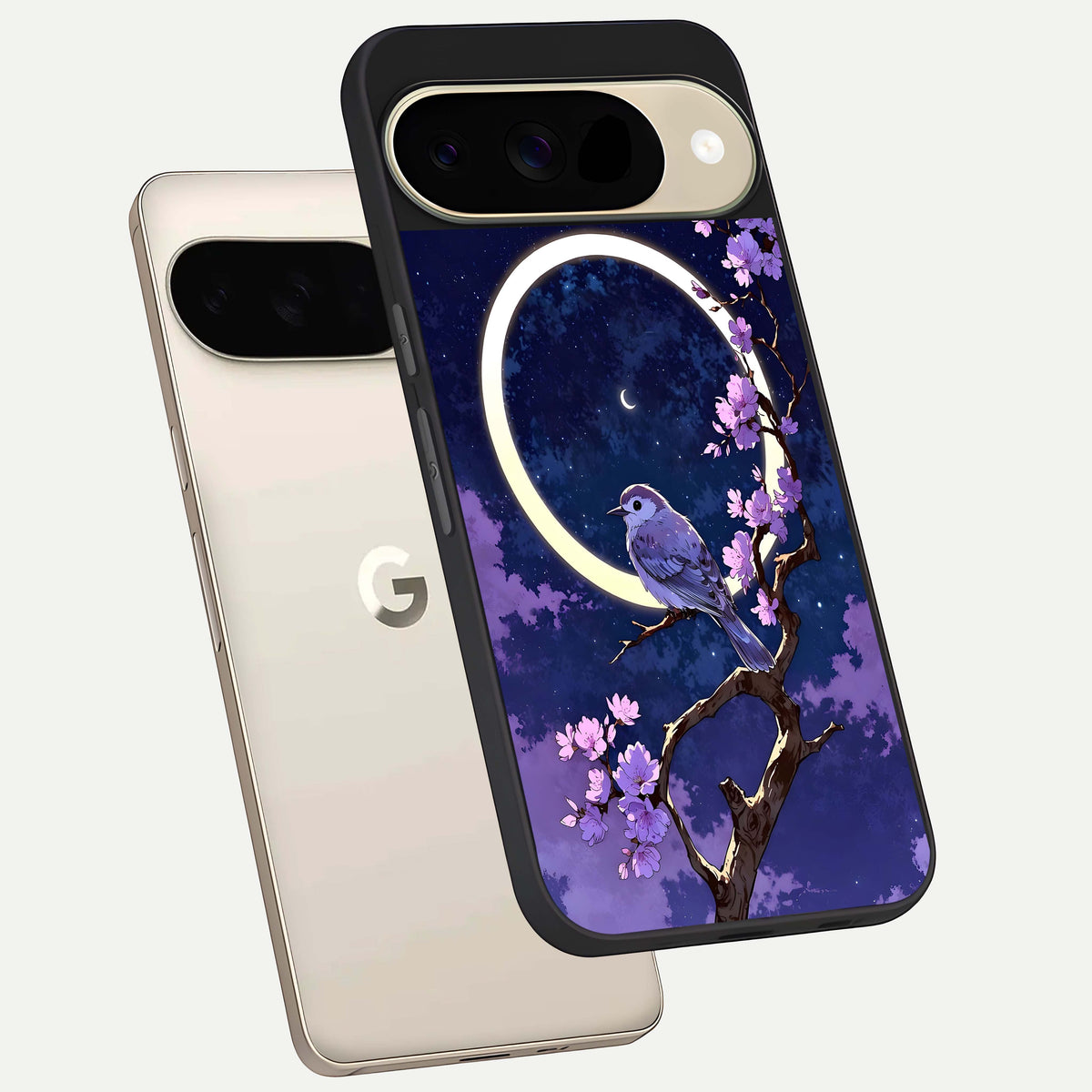  Celestial Bird Blossom phone case For Google Pixel 9 showing premium glass back cover with detailed artwork