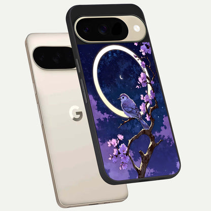  Celestial Bird Blossom phone case For Google Pixel 9 showing premium glass back cover with detailed artwork