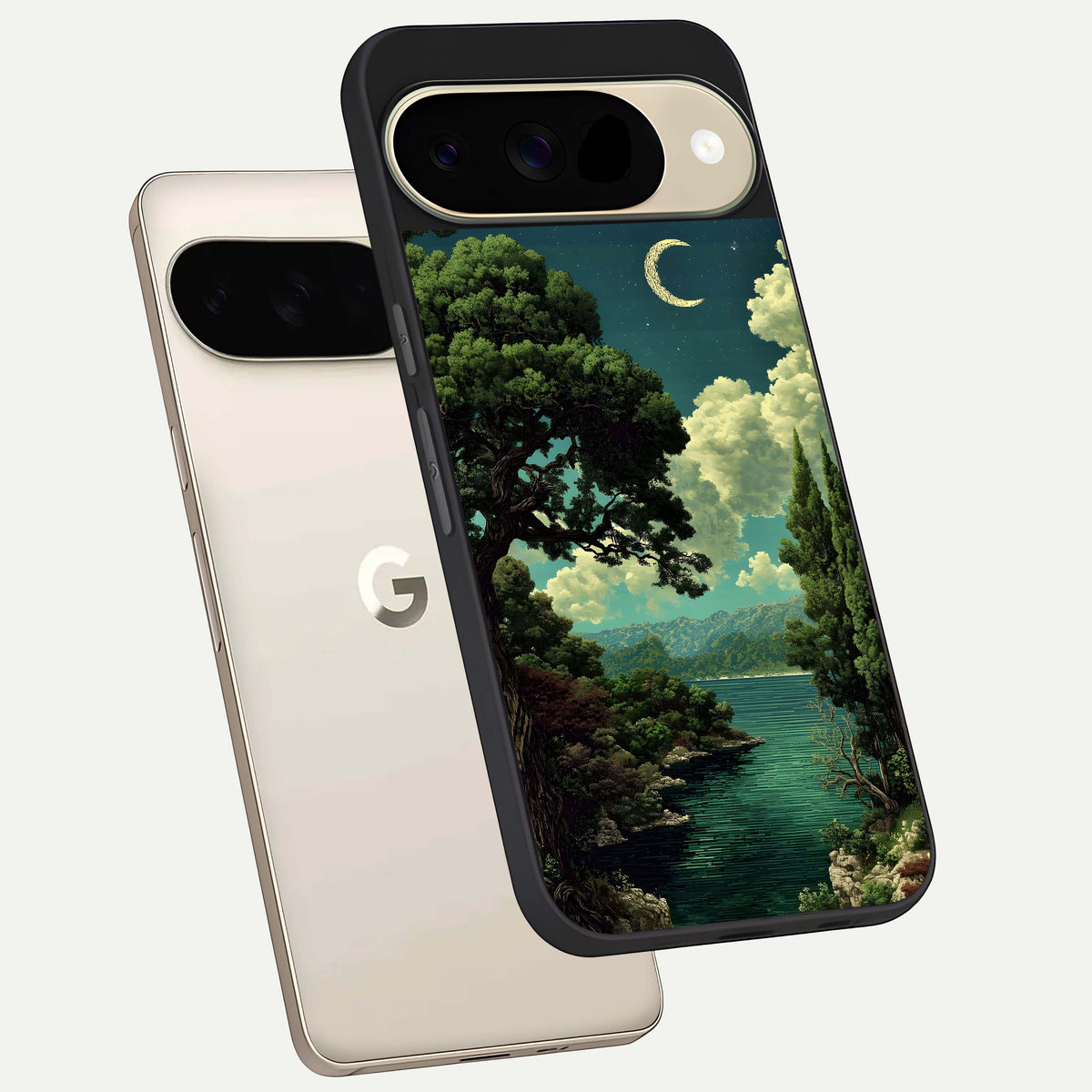  Celestial Lake Peace phone case For Google Pixel 9 showing premium glass back cover with detailed artwork