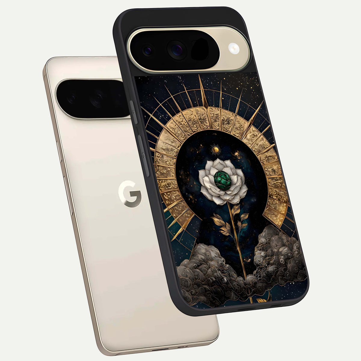 Celestial Lotus Morang phone case For Google Pixel 9 showing premium glass back cover with detailed artwork