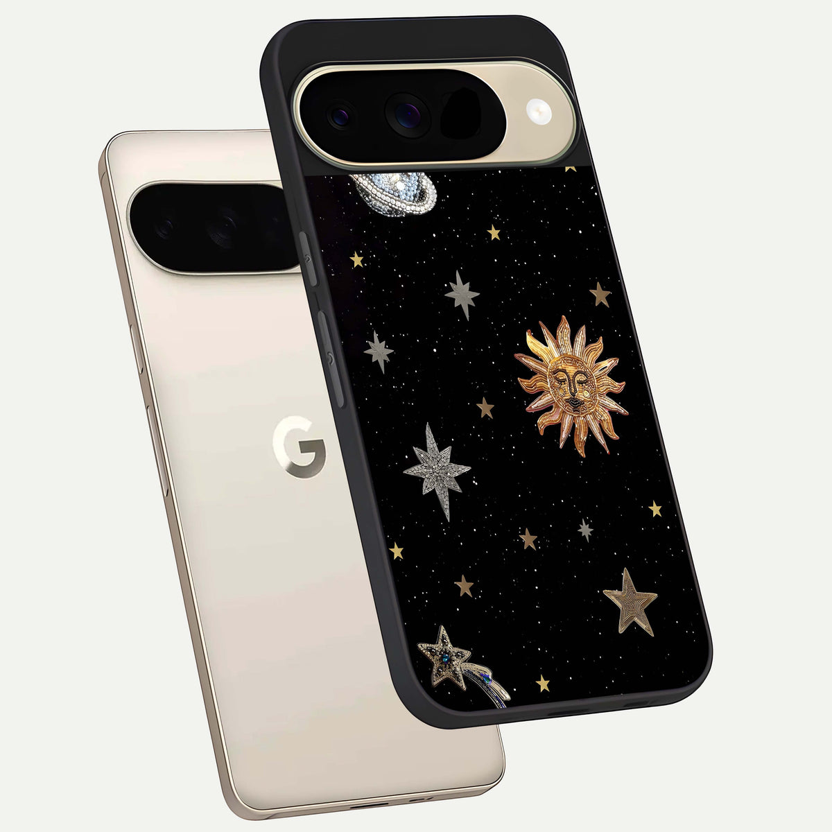  Celestial Moon With Stars phone case For Google Pixel 9 showing premium glass back cover with detailed artwork