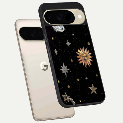  Celestial Moon With Stars phone case For Google Pixel 9 showing premium glass back cover with detailed artwork
