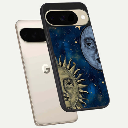  Celestial Moon With Sun phone case For Google Pixel 9 showing premium glass back cover with detailed artwork