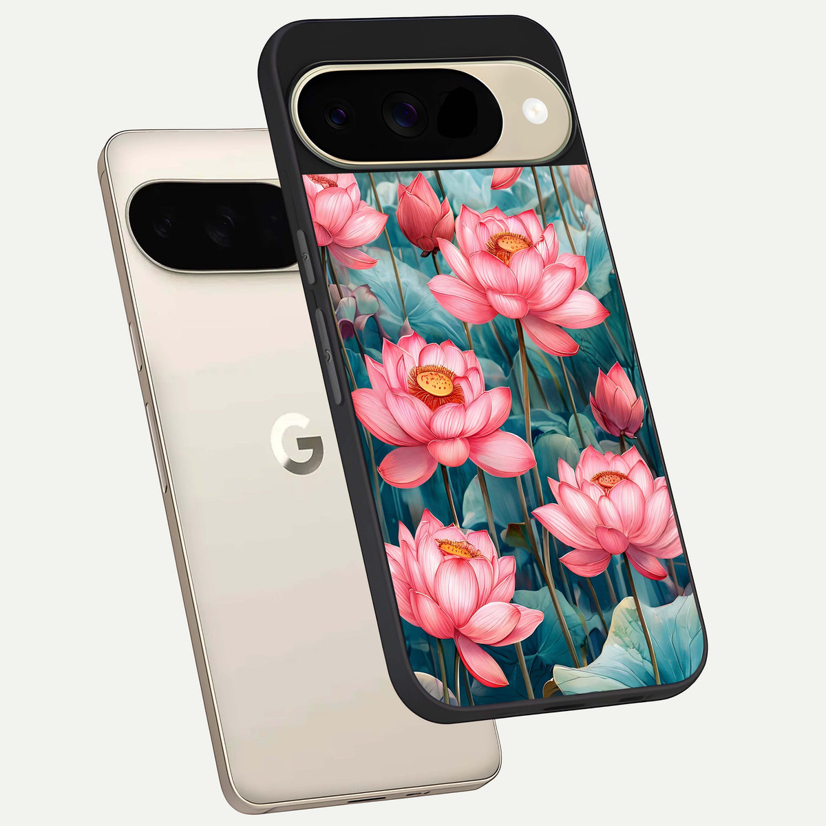  Celestial Pink Lotus phone case For Google Pixel 9 showing premium glass back cover with detailed artwork