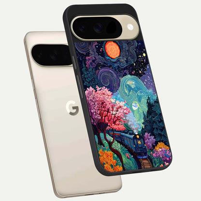  Celestial Train Journey phone case For Google Pixel 9 showing premium glass back cover with detailed artwork