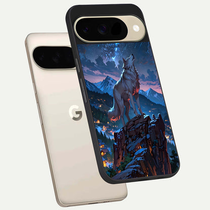  Celestial Wolf Howl phone case For Google Pixel 9 showing premium glass back cover with detailed artwork