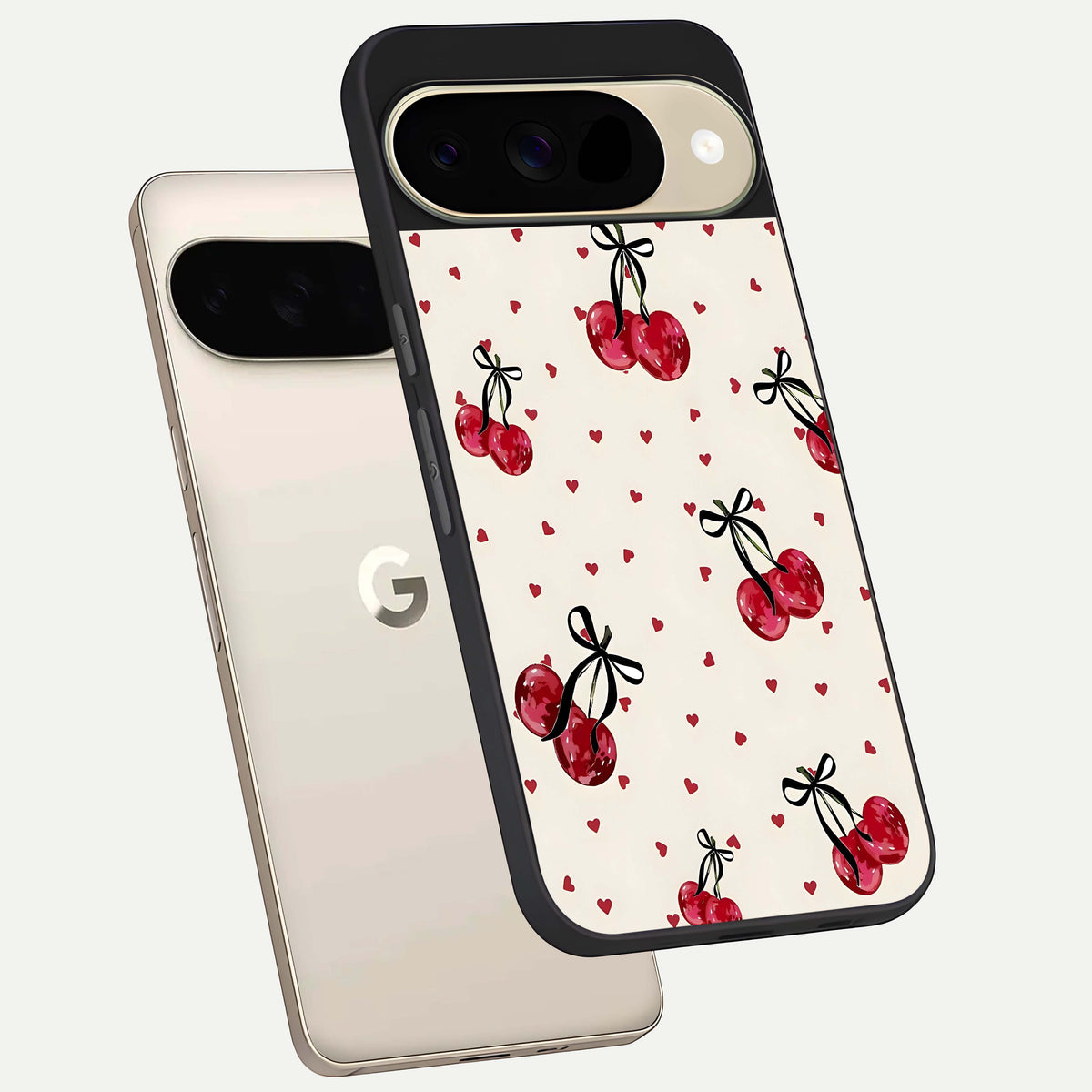  Cherry Heart Bow phone case For Google Pixel 9 showing premium glass back cover with detailed artwork