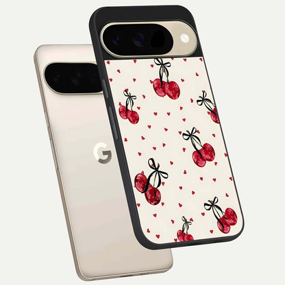 Cherry Heart Bow phone case For Google Pixel 9 showing premium glass back cover with detailed artwork