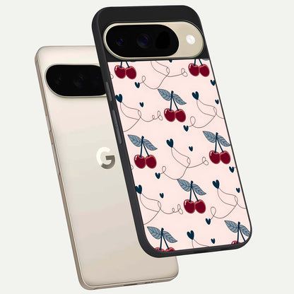  Cherry Heart Line phone case For Google Pixel 9 showing premium glass back cover with detailed artwork