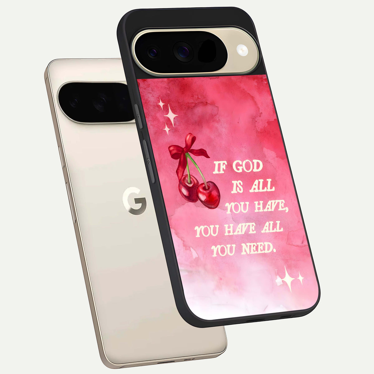  Cherry Quote phone case For Google Pixel 9 showing premium glass back cover with detailed artwork