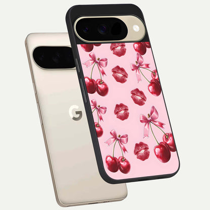  Cherry With Lips phone case For Google Pixel 9 showing premium glass back cover with detailed artwork