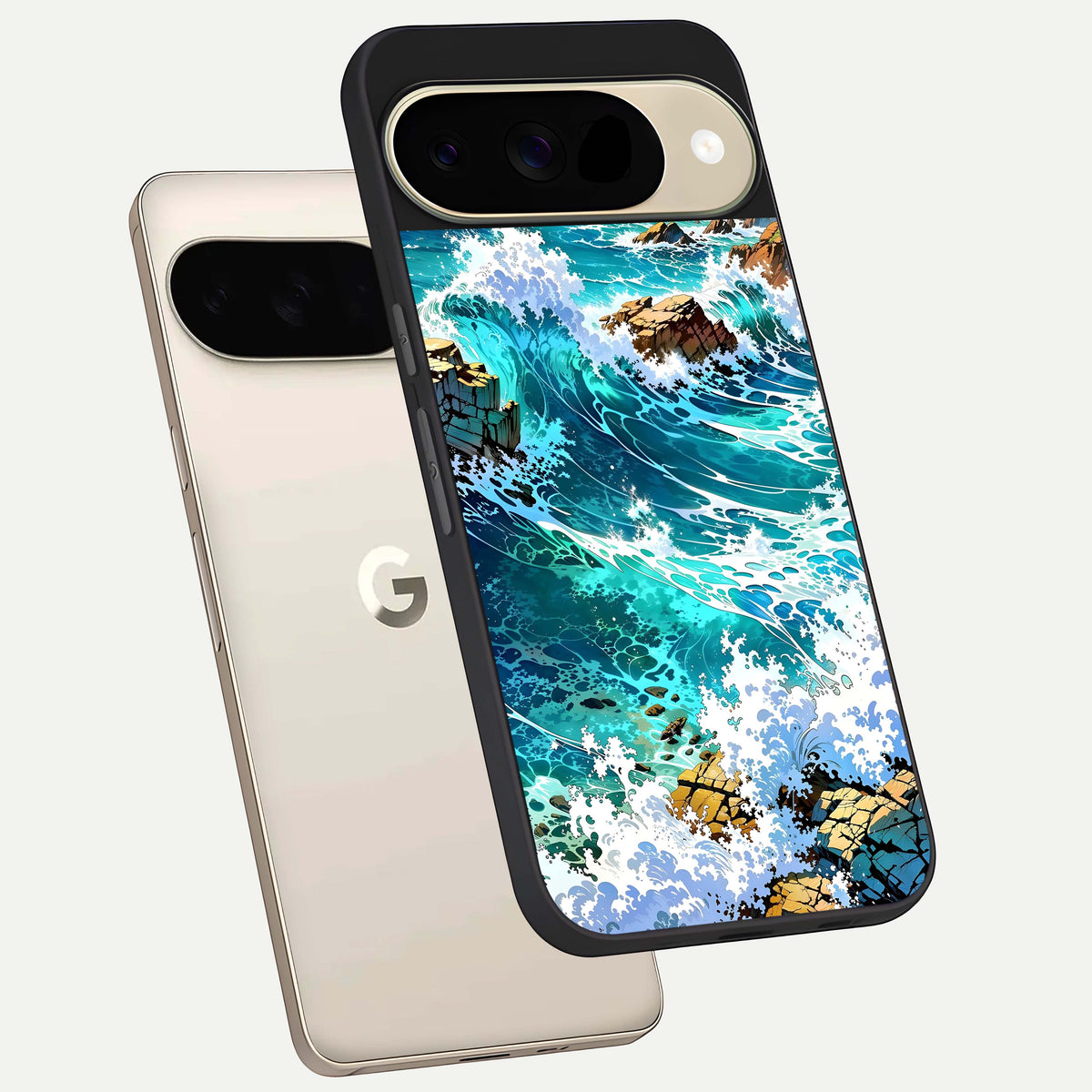  Coastal Blue Waves phone case For Google Pixel 9 showing premium glass back cover with detailed artwork