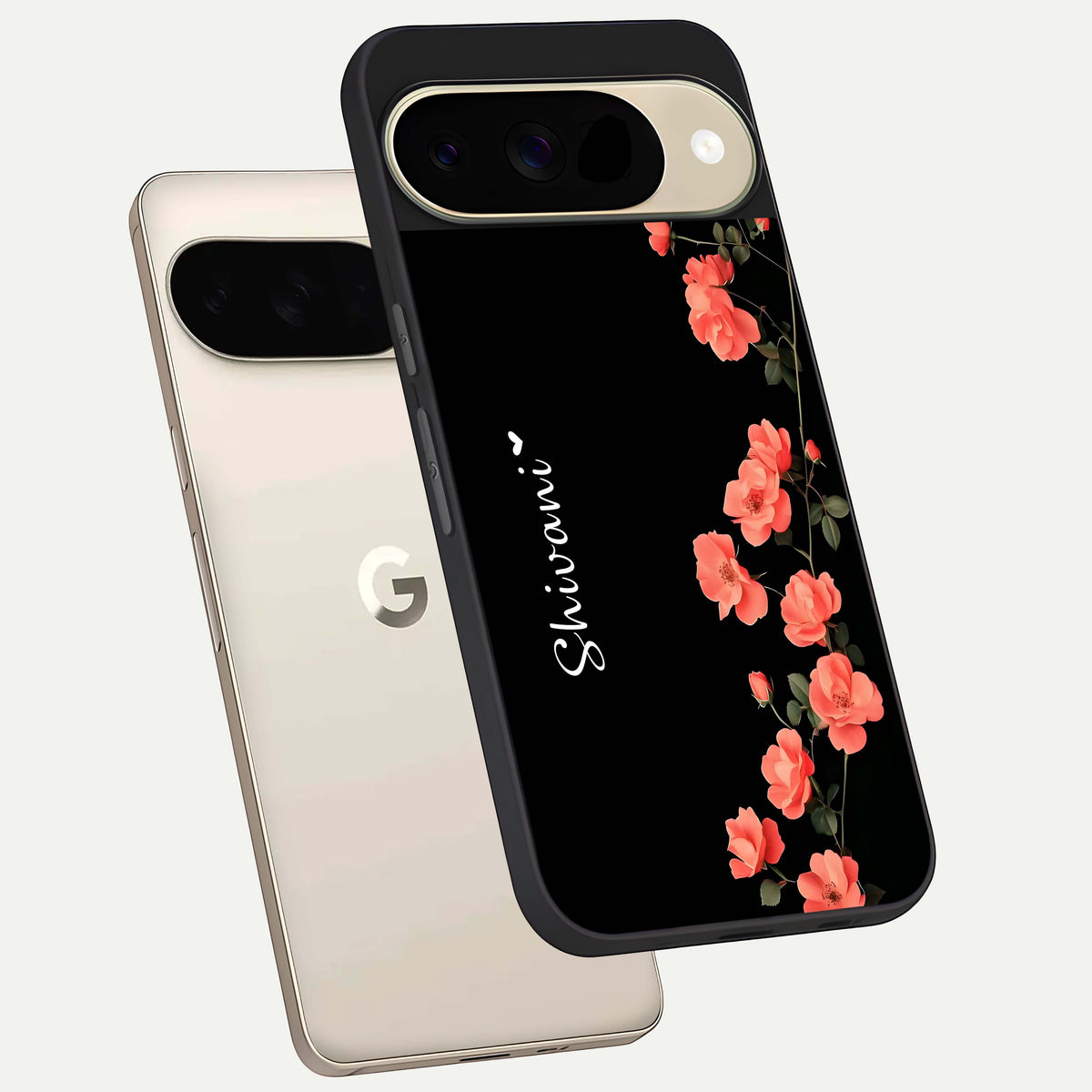  Crimson Bloom Grace Custom Name phone case For Google Pixel 9 showing premium glass back cover with detailed artwork