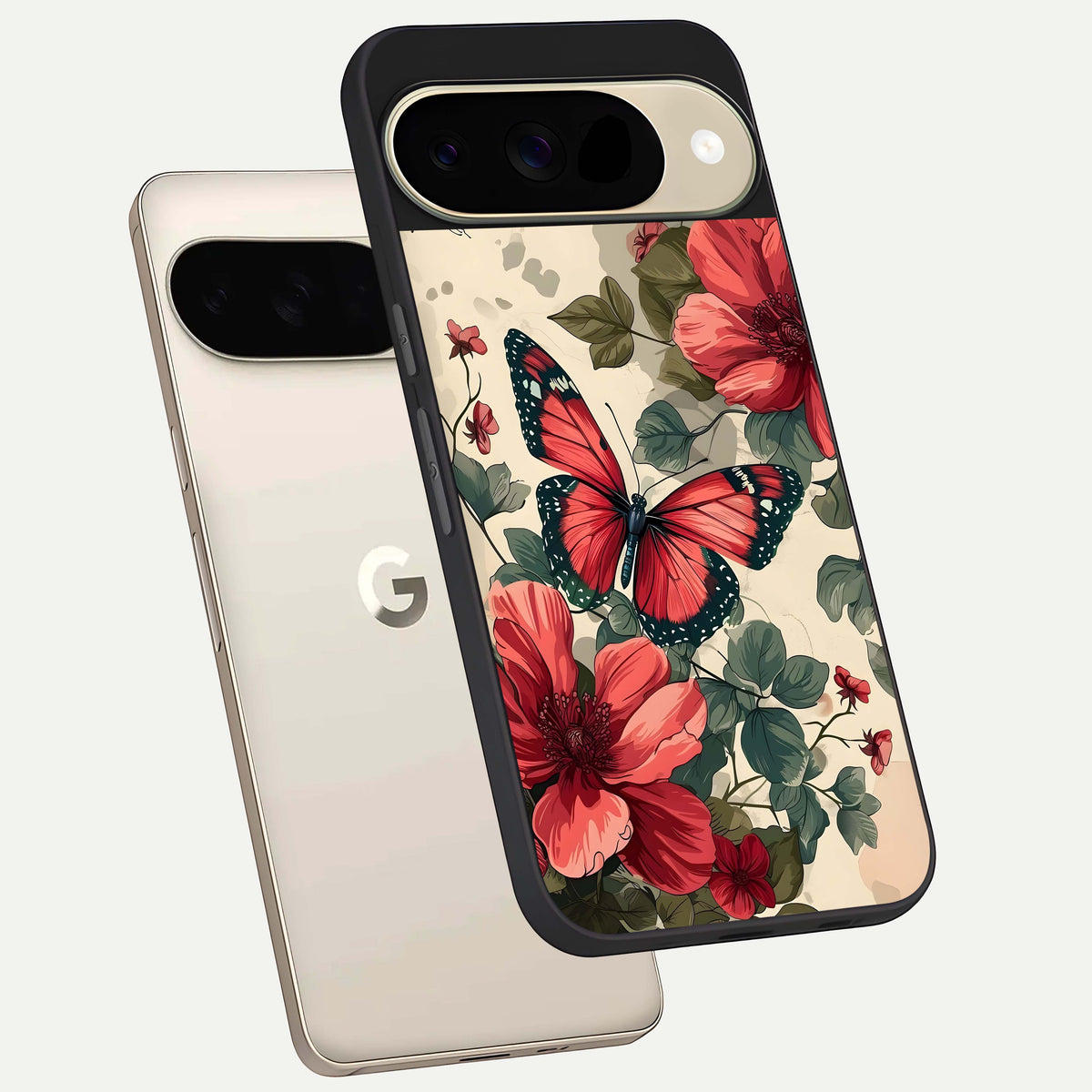  Crimson Butterfly Garden phone case For Google Pixel 9 showing premium glass back cover with detailed artwork