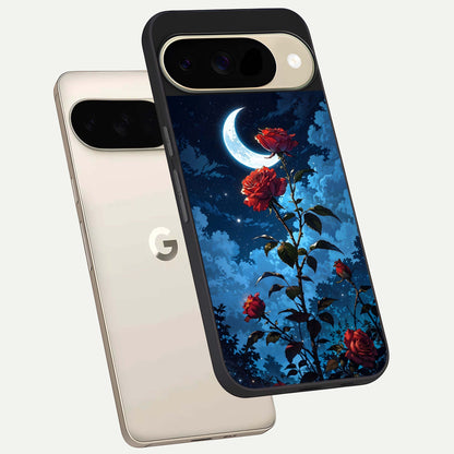  Crimson Rose Moon phone case For Google Pixel 9 showing premium glass back cover with detailed artwork