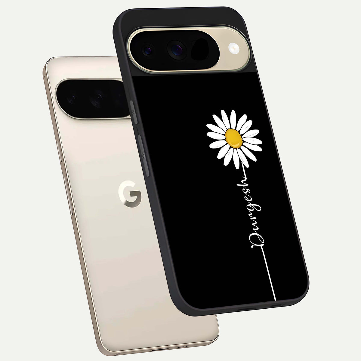  Custom Name White Flower phone case For Google Pixel 9 showing premium glass back cover with detailed artwork