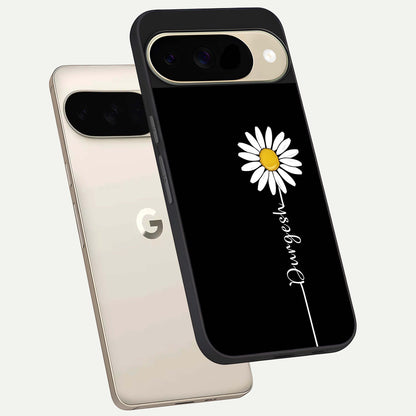  Custom Name White Flower phone case For Google Pixel 9 showing premium glass back cover with detailed artwork