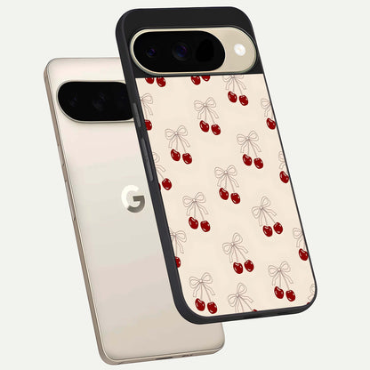 Cute Cherry Pattern phone case For Google Pixel 9 showing premium glass back cover with detailed artwork