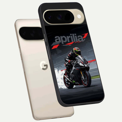 Dark Aprilla phone case For Google Pixel 9 showing premium glass back cover with detailed artwork