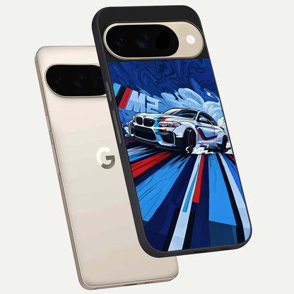  Drift Power Rush phone case For Google Pixel 9 showing premium glass back cover with detailed artwork