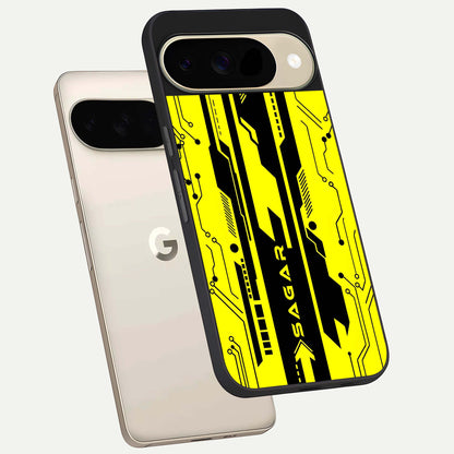  Electric Pulse CYBERPUNK Custom Name phone case For Google Pixel 9 showing premium glass back cover with detailed artwork