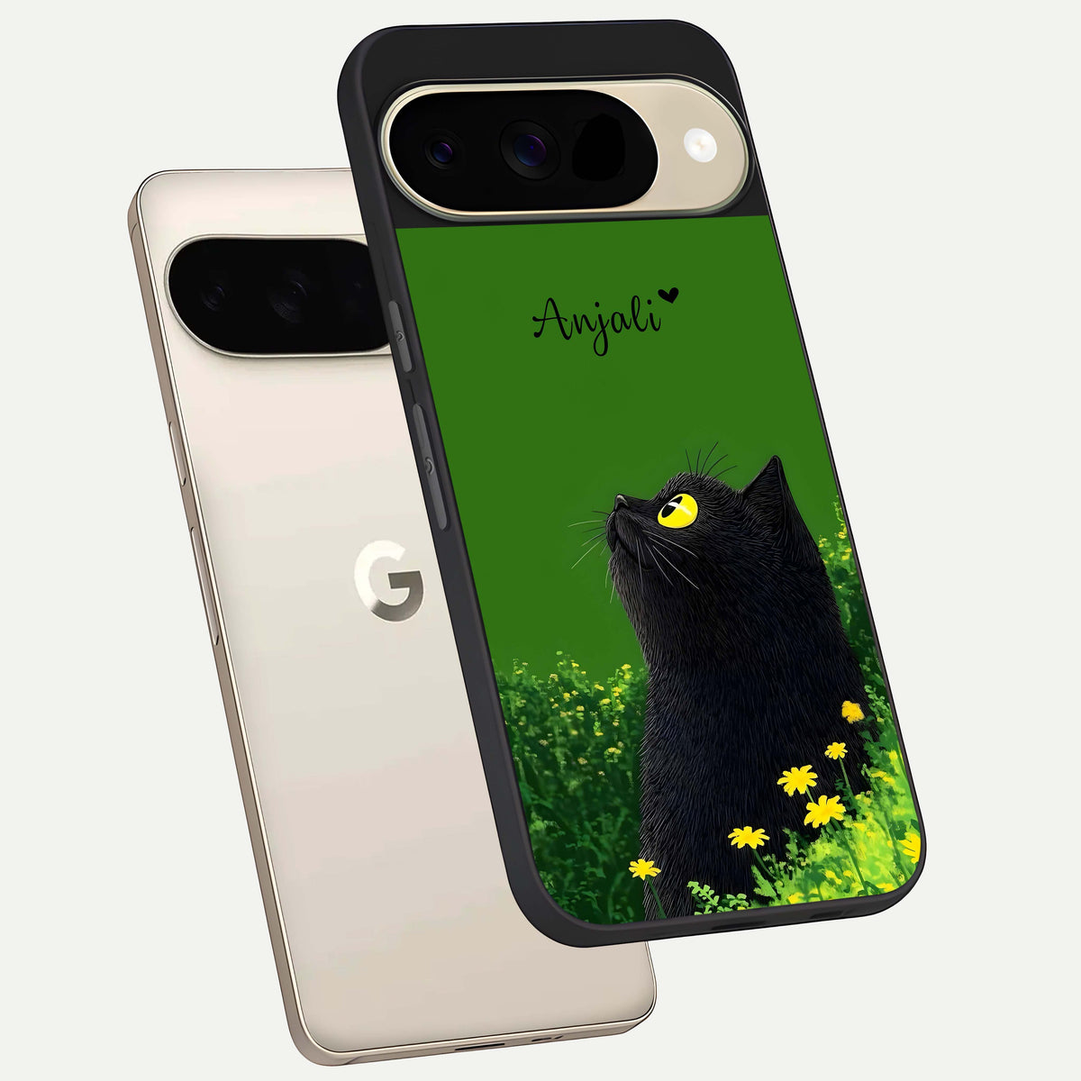  Emerald Cat Custom Name phone case For Google Pixel 9 showing premium glass back cover with detailed artwork