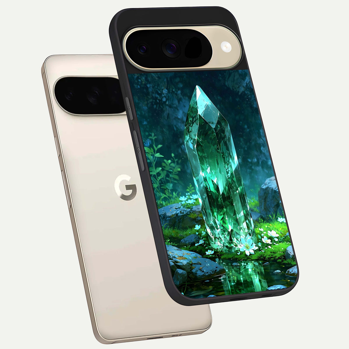  Emerald Light Crystal phone case For Google Pixel 9 showing premium glass back cover with detailed artwork