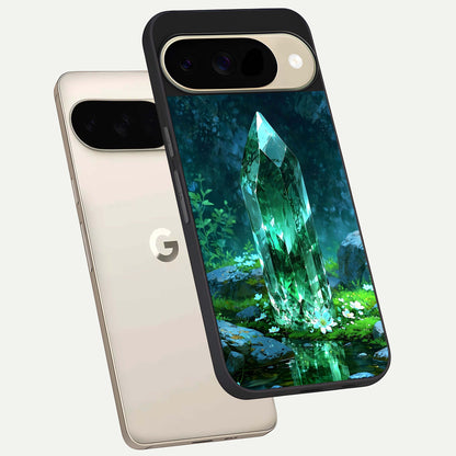  Emerald Light Crystal phone case For Google Pixel 9 showing premium glass back cover with detailed artwork