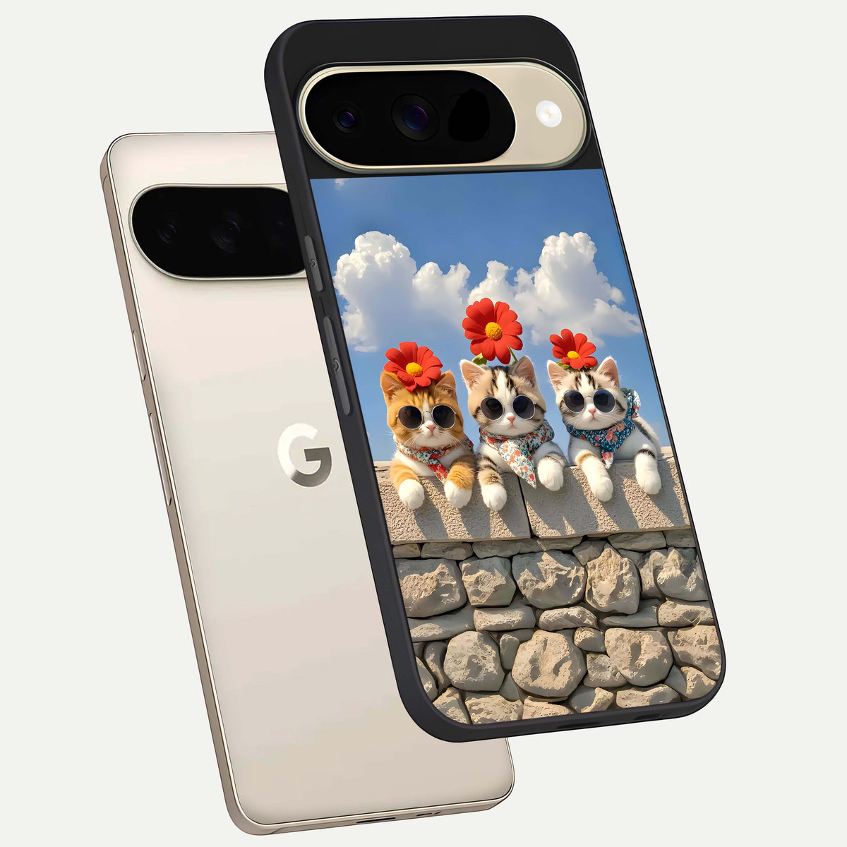 Floral Kitty Squad phone case For Google Pixel 9 showing premium glass back cover with detailed artwork