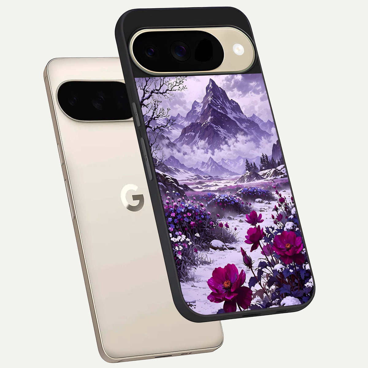  Flower Mountain View phone case For Google Pixel 9 showing premium glass back cover with detailed artwork