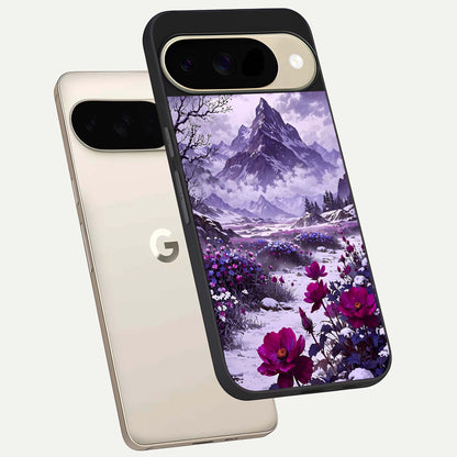  Flower Mountain View phone case For Google Pixel 9 showing premium glass back cover with detailed artwork