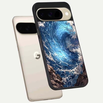  Giant Ocean Wave phone case For Google Pixel 9 showing premium glass back cover with detailed artwork