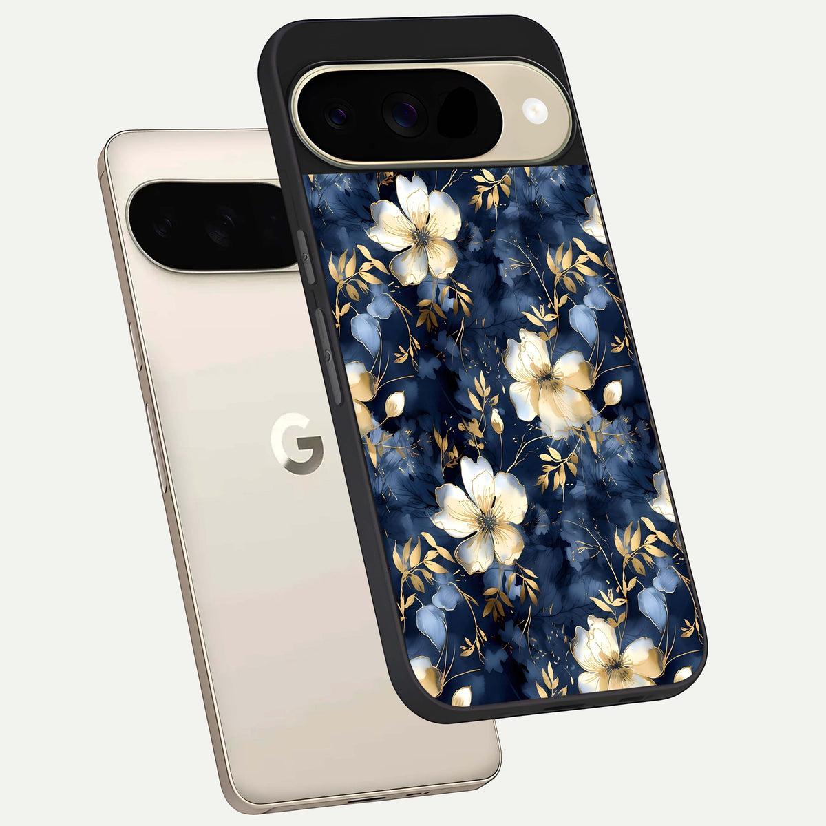  Golden Midnight Bloom phone case For Google Pixel 9 showing premium glass back cover with detailed artwork