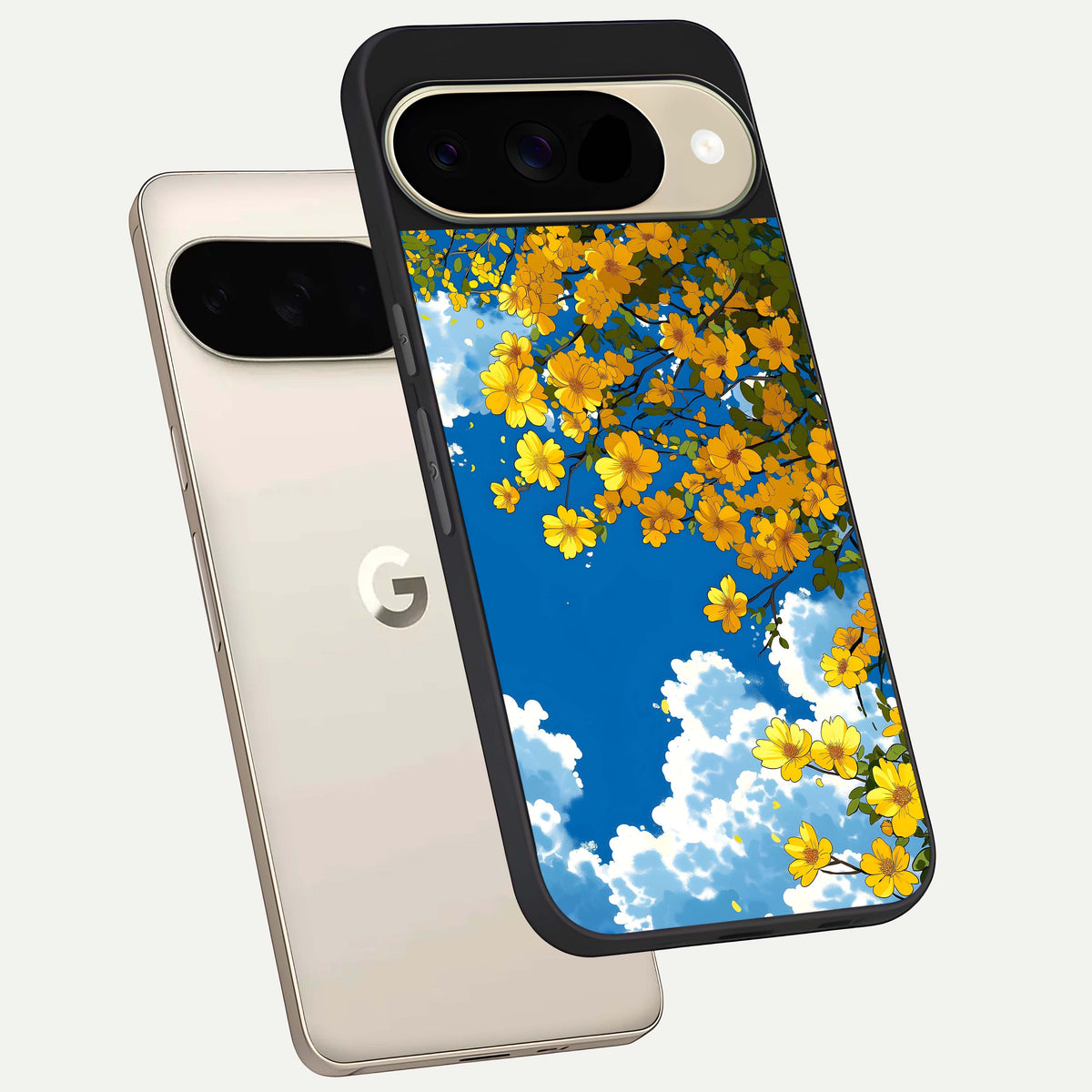  Golden Petal Sky phone case For Google Pixel 9 showing premium glass back cover with detailed artwork