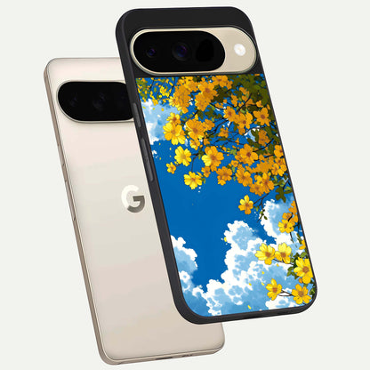  Golden Petal Sky phone case For Google Pixel 9 showing premium glass back cover with detailed artwork