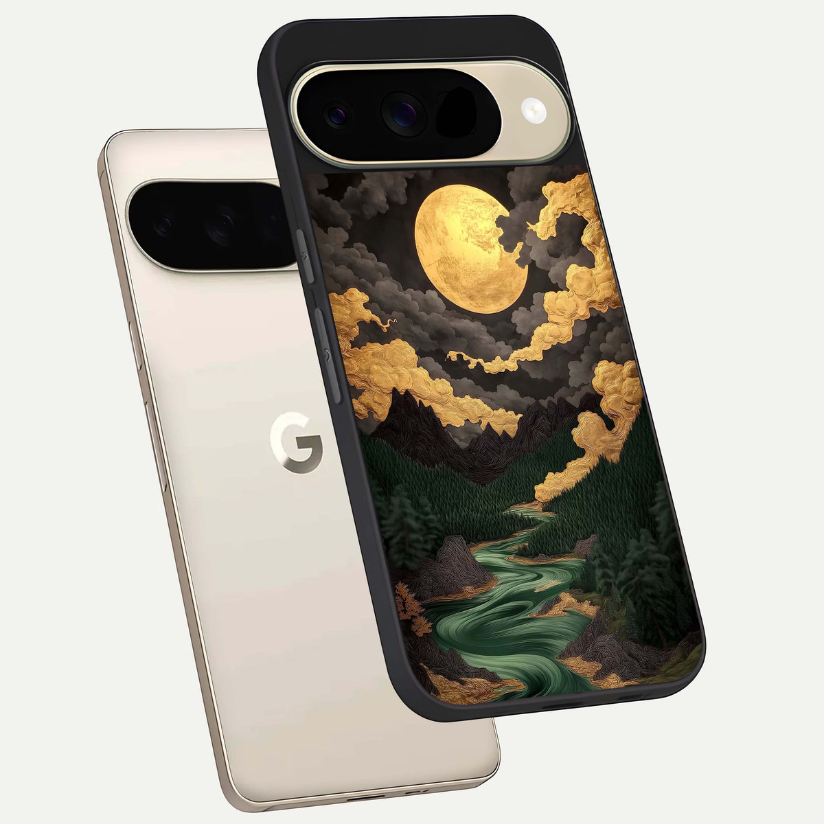  Golden River Moon phone case For Google Pixel 9 showing premium glass back cover with detailed artwork