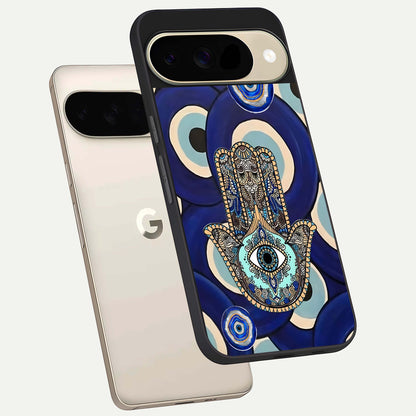  Hamsa Divine Guard phone case For Google Pixel 9 showing premium glass back cover with detailed artwork