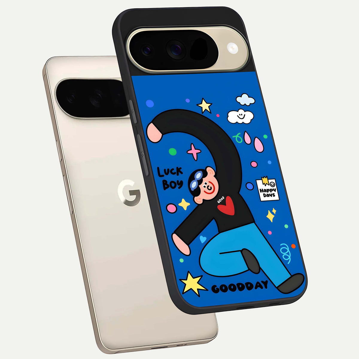  Happy Luck Vibe phone case For Google Pixel 9 showing premium glass back cover with detailed artwork